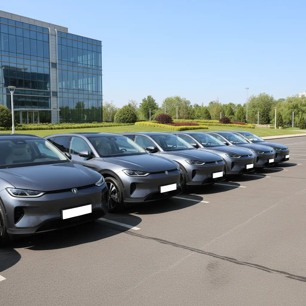 Row of clean corporate vehicles with blank plates