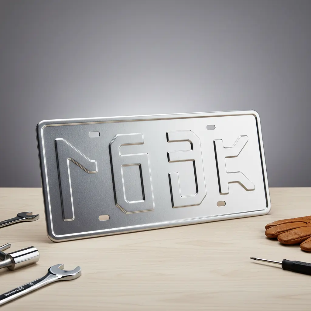 Premium decorative license plate on a workbench